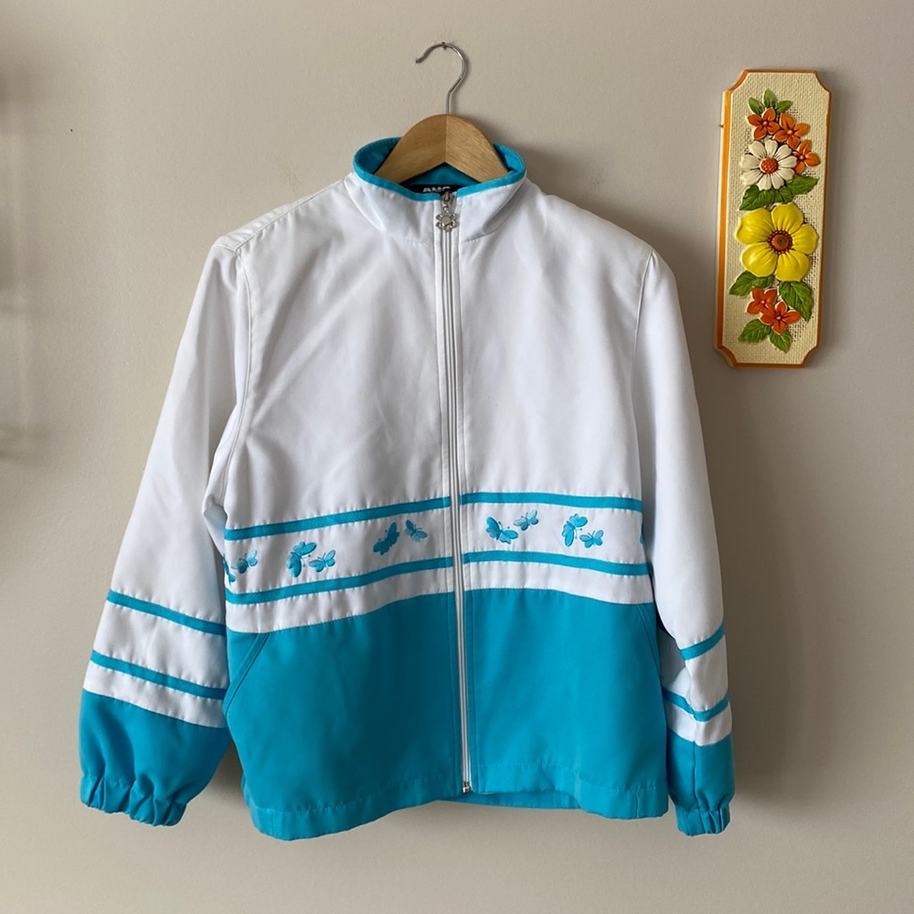 Vintage Bomber Butterfly Embroidered Blue and White Zip Lined Jacket Spring